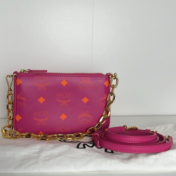 EUC MCM Mini Zip Pouch Splash Logo Crossbody Bag Pink - Picture 1 of 14